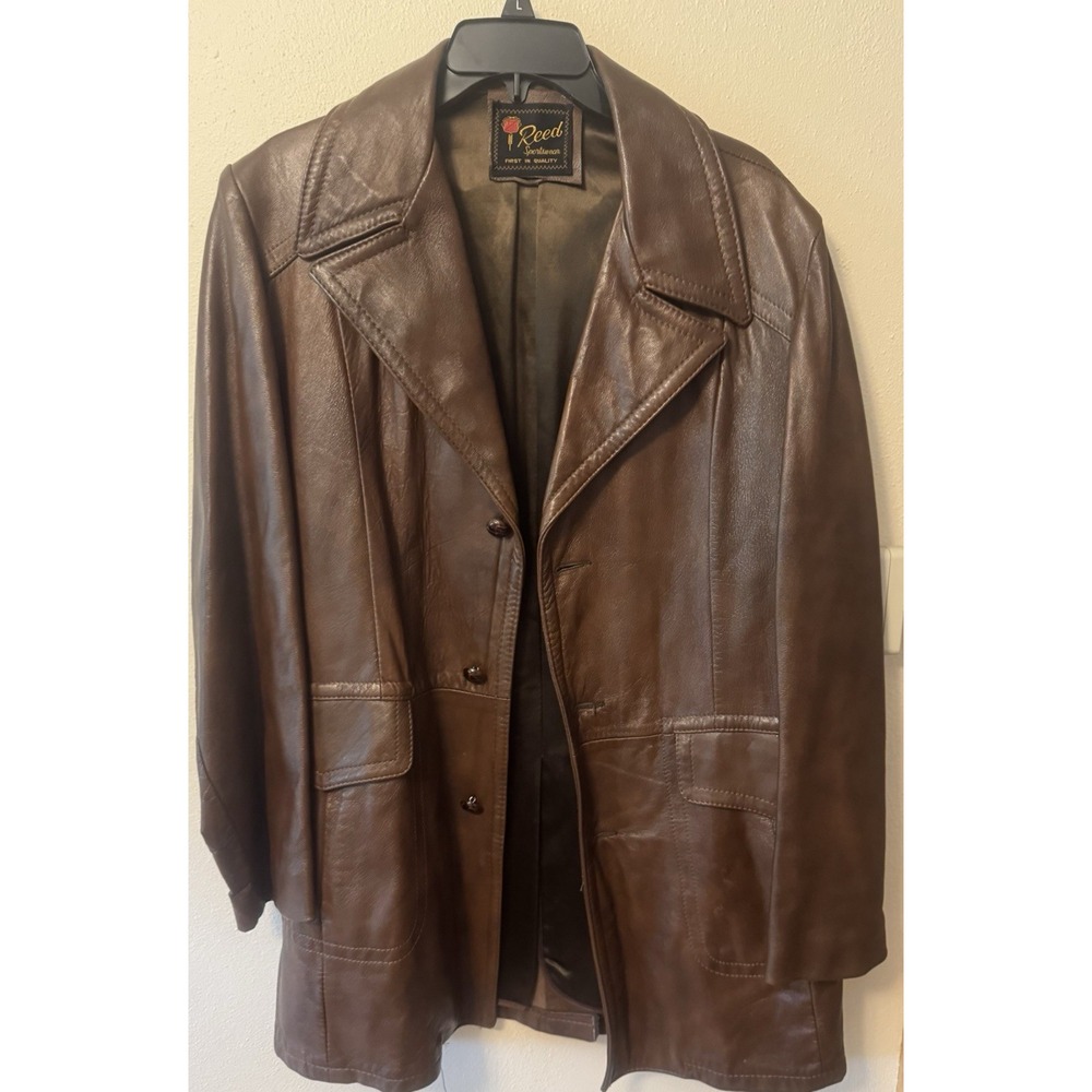 Vintage Reed Sportswear Men's Brown Leather Overcoat Lined Button Front Notch L
